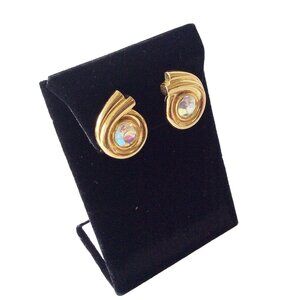 Aurora Borealis Rhinestones Clips Earrings Art Deco Design Gold Tone Clip On